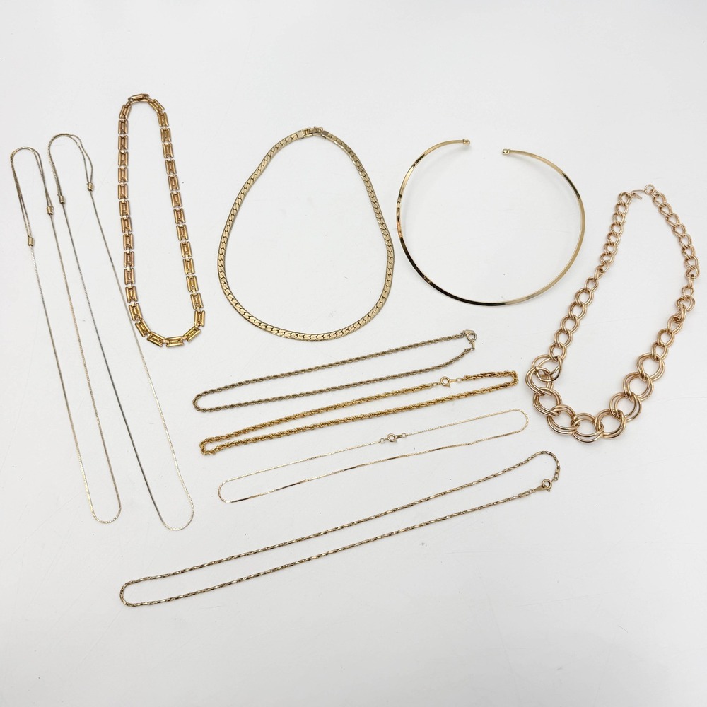 Vintage Gold Tone Necklace Lot 10pc Herringbone Rope Chain Torque Collar Set